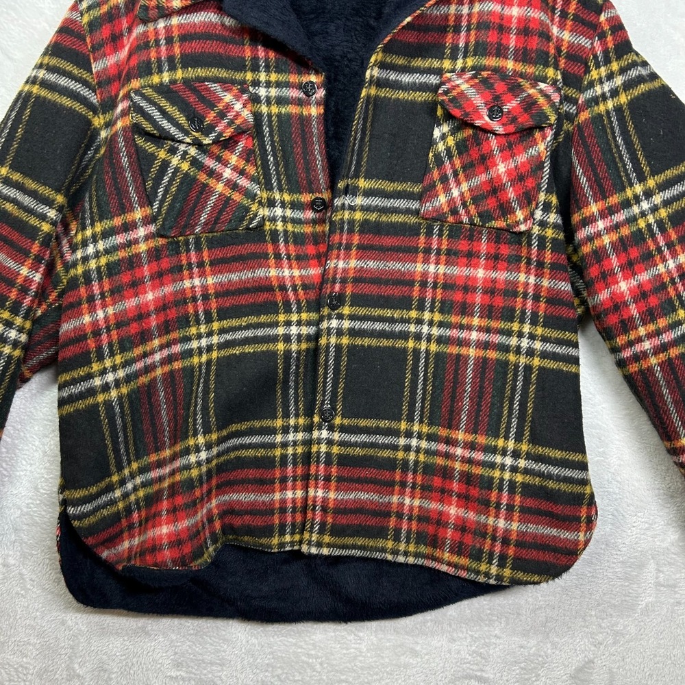 Vintage Men's Shirt Jacket Red Black Plaid Fleece Lined Anchor Button Outdoor - Picture 8 of 11